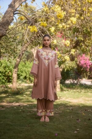 Brown Amber Cotton Aari Kalidaar Pheran Set by Koshur India, South Asian ethnic wear