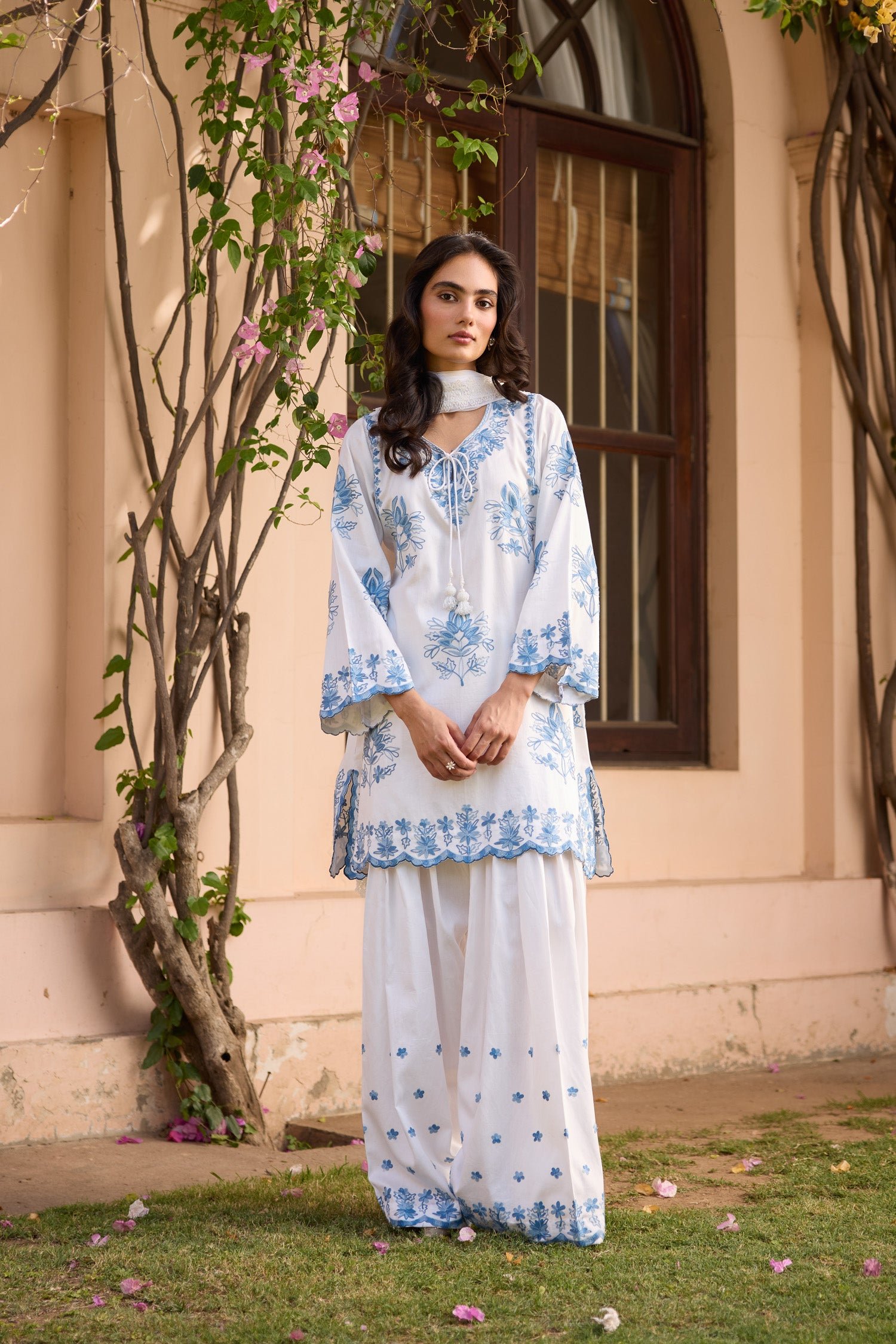 Sky White & Blue Short Cotton Aari Pheran Set With Farshi Salwar by Koshur India, South Asian ethnic wear