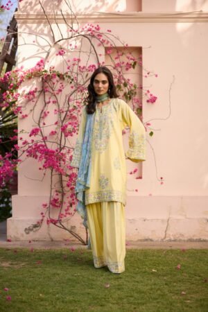 Lemonade Yellow Short Aari Pheran Set With Farshi Salwar by Koshur India, South Asian ethnic wear