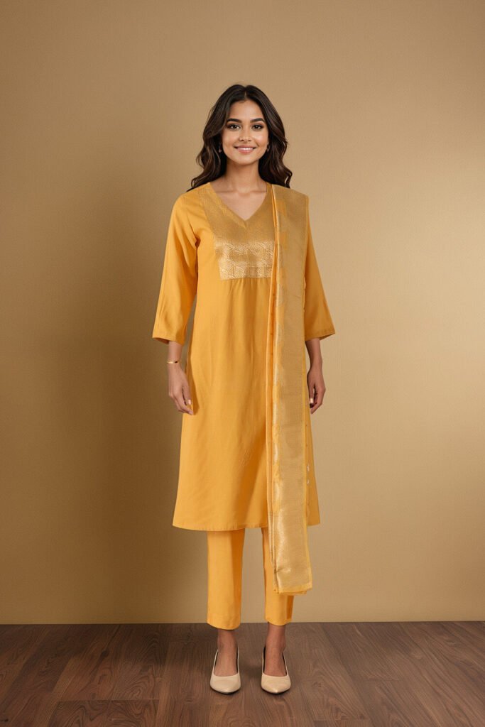 Yellow Brocade Pure Viscose Kurta Set by Taneira, South Asian ethnic wear