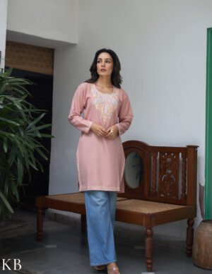 Nigeen Dusky Pink Kashmiri Aari Embroidered Cotton Kurti For Women by Kashmir Box, South Asian ethnic wear