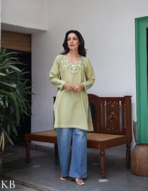 Nigeen Light Green Kashmiri Aari Embroidered Cotton Kurti For Women by Kashmir Box, South Asian ethnic wear