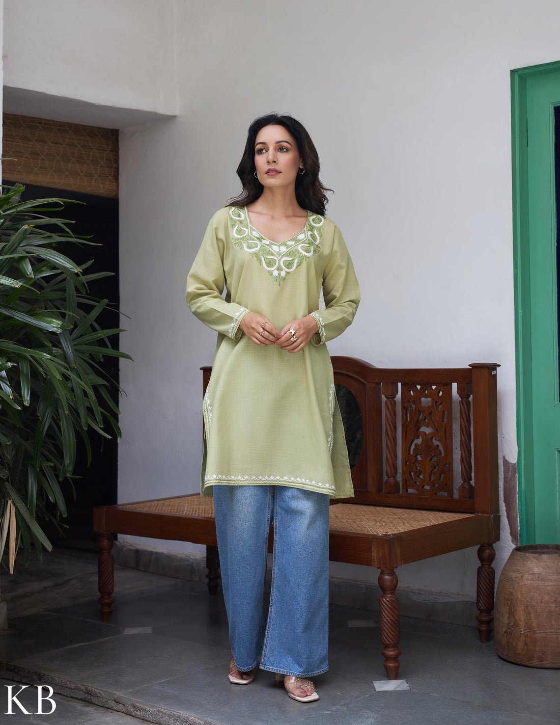 Nigeen Light Green Kashmiri Aari Embroidered Cotton Kurti For Women by Kashmir Box, South Asian ethnic wear