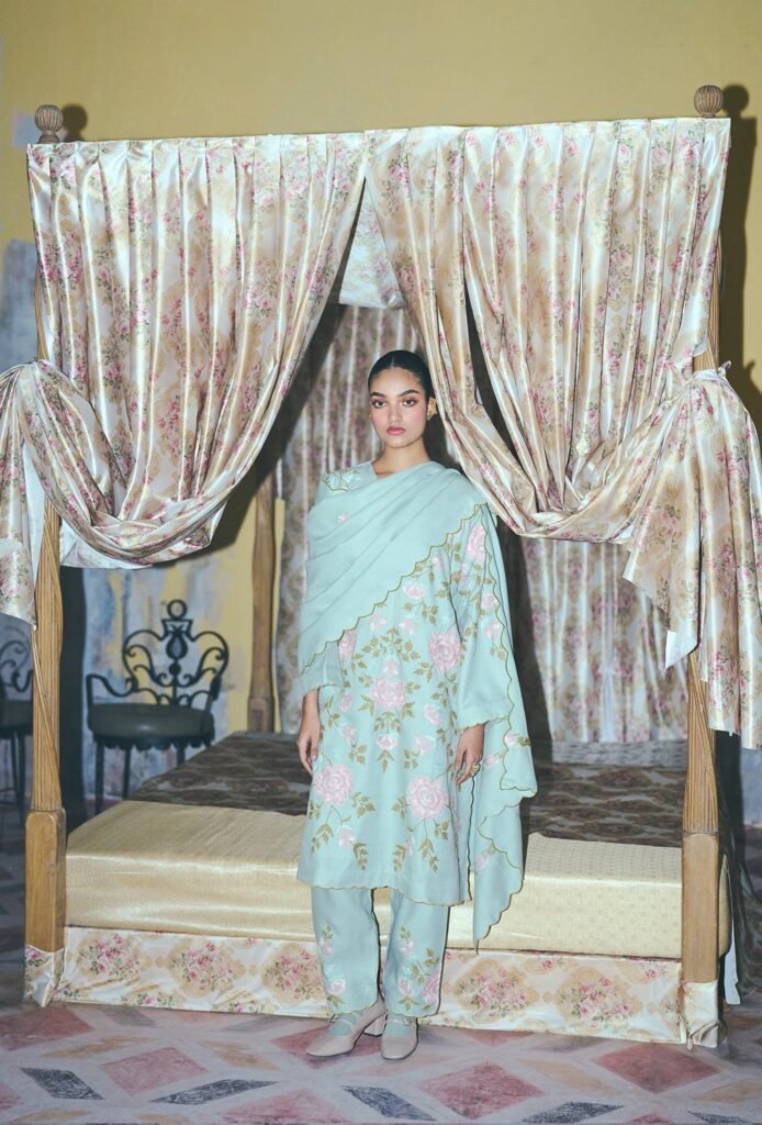 Cloud Blue Aari Embroidered Kurta Set With Straight Pants & Embroidered Dupatta by Koshur India, South Asian ethnic wear