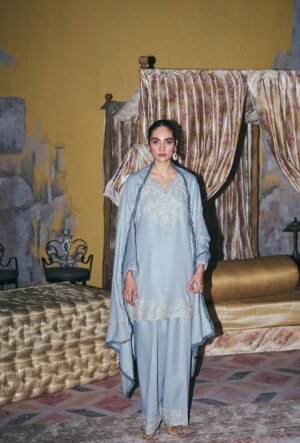 cloud Blue Aari Embroidered Short Pheran Set With Farshi Salwar And Embroidered Stole by Koshur India, South Asian ethnic wear