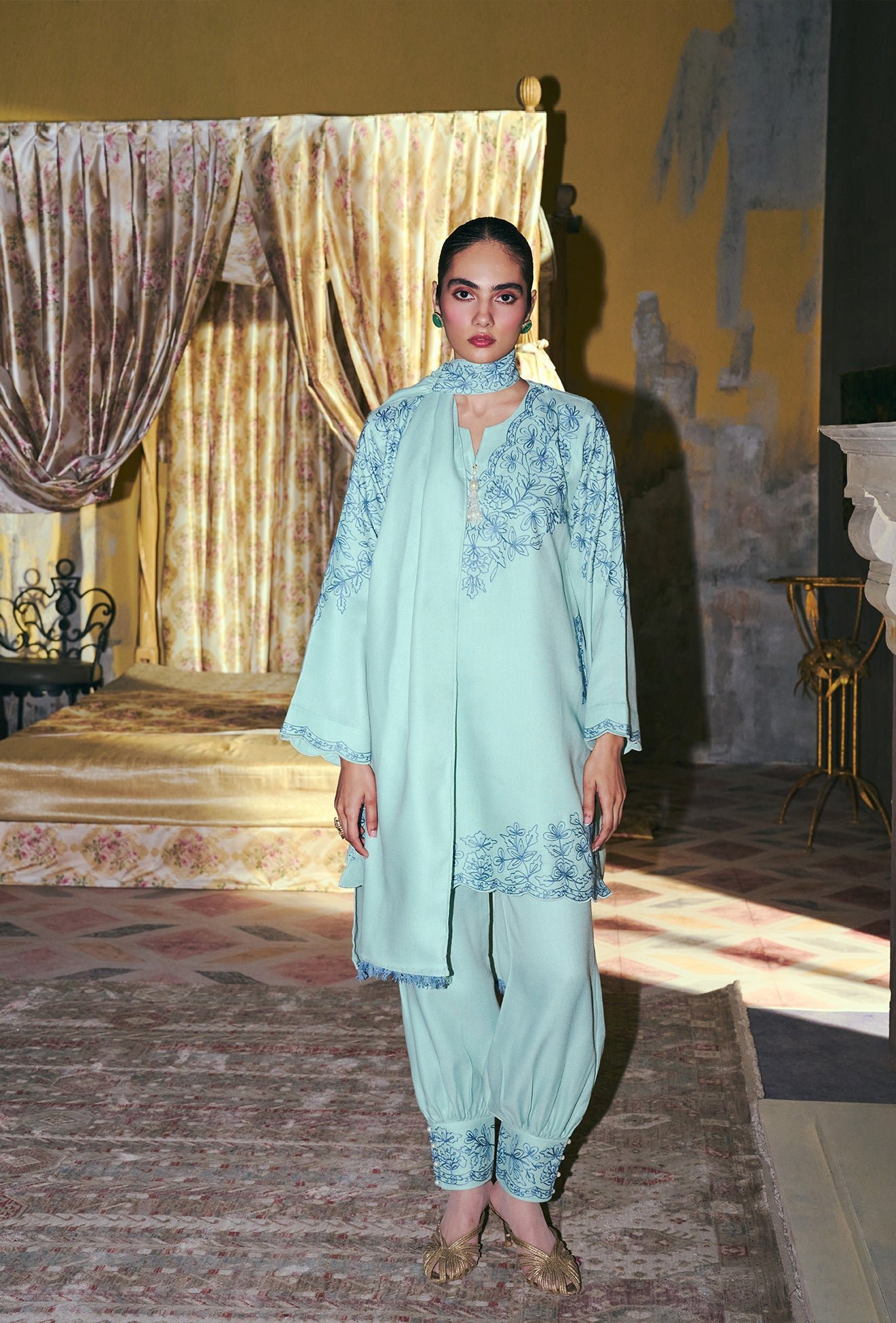 Mint Green Wool Aari Embroidered Short Pheran Set With Harem Pants & Embroidered Pleat Stole by Koshur India, South Asian ethnic wear
