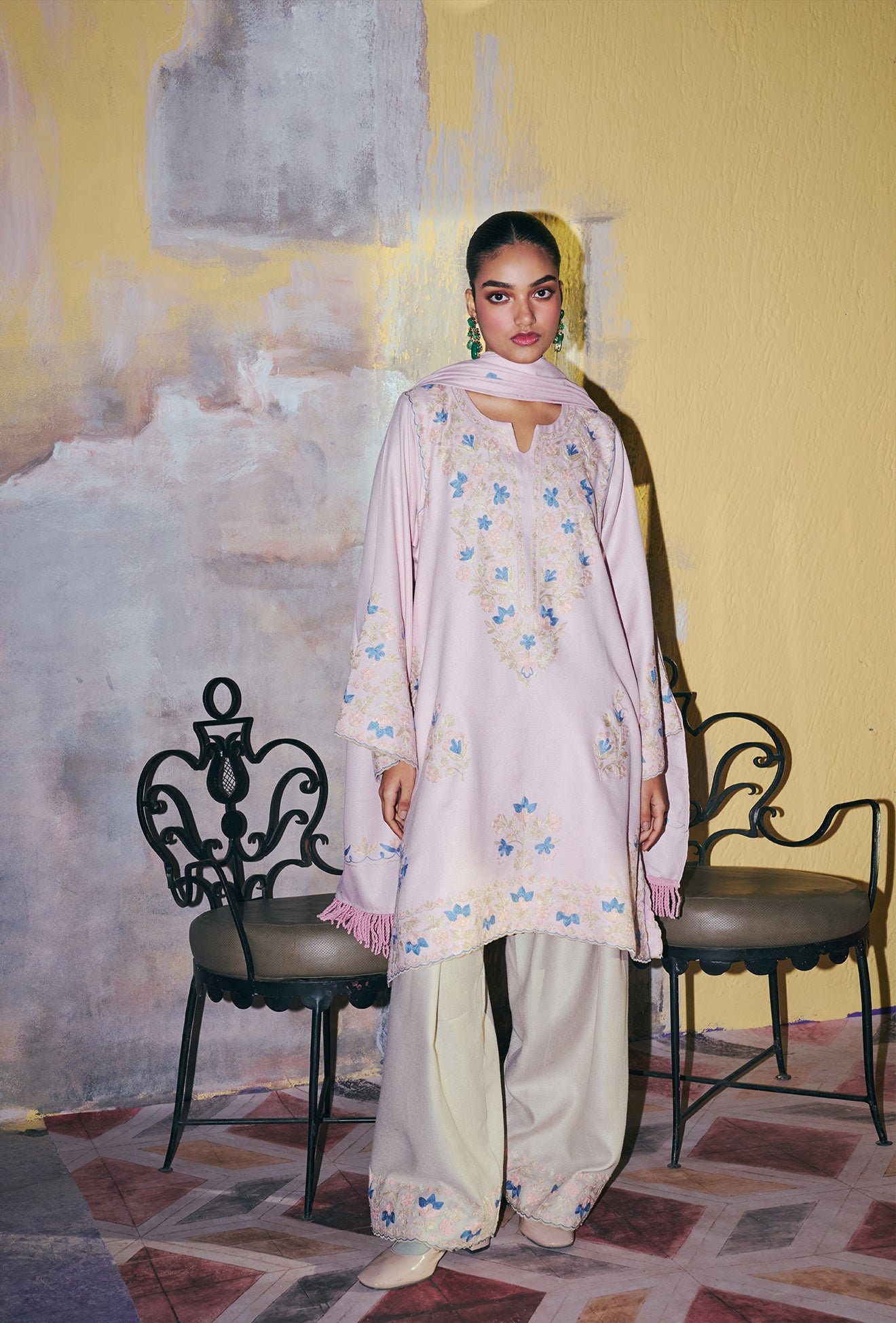 Baby Pink Wool Aari Embroidered Short Pheran Set With Farshi Salwar & Embroidered Woollen Stole by Koshur India, South Asian ethnic wear