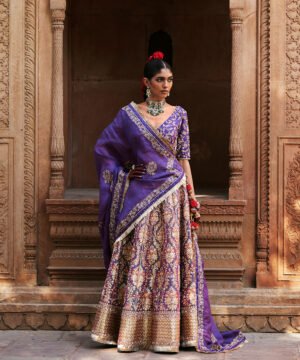 Blue Dual Shade Hand Embroidered Zardozi Banarasi Lehenga With Blouse And Organza Dupatta by WeaverStory, South Asian ethnic wear