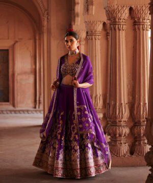 Deep Purple Hand Embroidered Zardozi Banarasi Kalidar Lehenga With Choli Cut Blouse And Dupatta by WeaverStory, South Asian ethnic wear