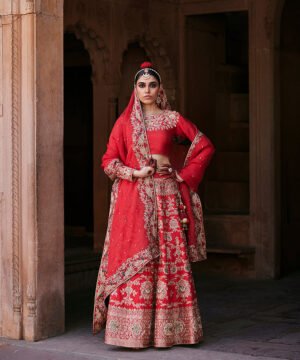 Red Hand Embroidered Brocade Banarasi Lehenga With Blouse And Pure Handloom Organza Dupatta by WeaverStory, South Asian ethnic wear