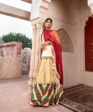 Handloom Golden Pure Silk Tukdi Gararah With Beige Kurti And Maroon Dupatta by WeaverStory, South Asian ethnic wear