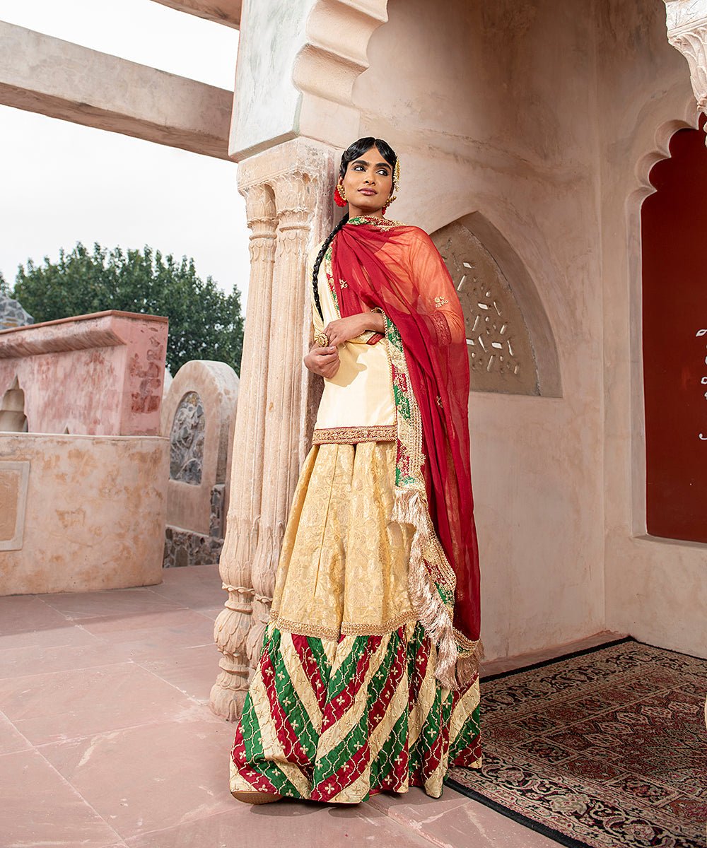 Handloom Golden Pure Silk Tukdi Gararah With Beige Kurti And Maroon Dupatta