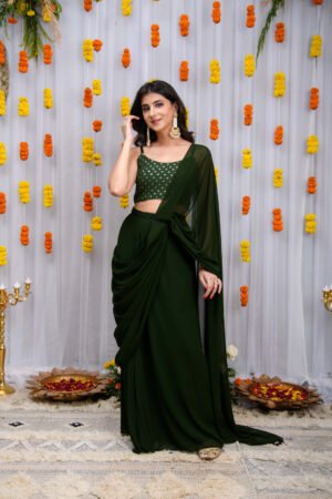 Mehandi Green Drape Saree With Blouse by Label Shaurya Sanadhya, South Asian ethnic wear