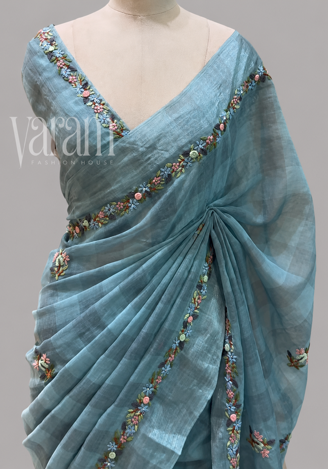 Linen Cotton Checks Saree With Hand Thread Floral Garland Border