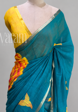 Linen Cotton Digital Print Saree With Bold Lotus Motifs & Silver Border by Varam Fashion House, South Asian ethnic wear