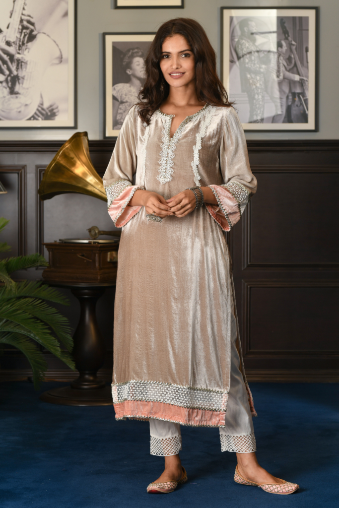 Makhmal Birch Kurta Grey With Fern Pyajama by Mulmul, South Asian ethnic wear