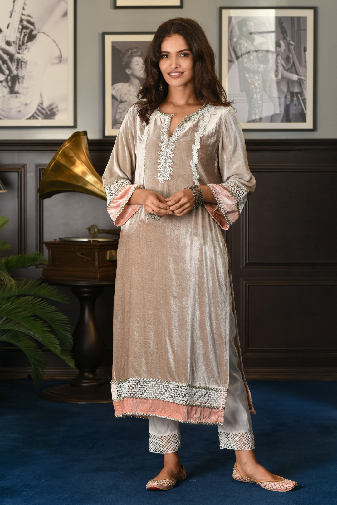 Makhmal Birch Kurta Grey With Fern Pyajama by Mulmul, South Asian ethnic wear