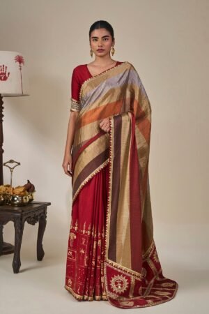 Red Tropical Stardust Saree