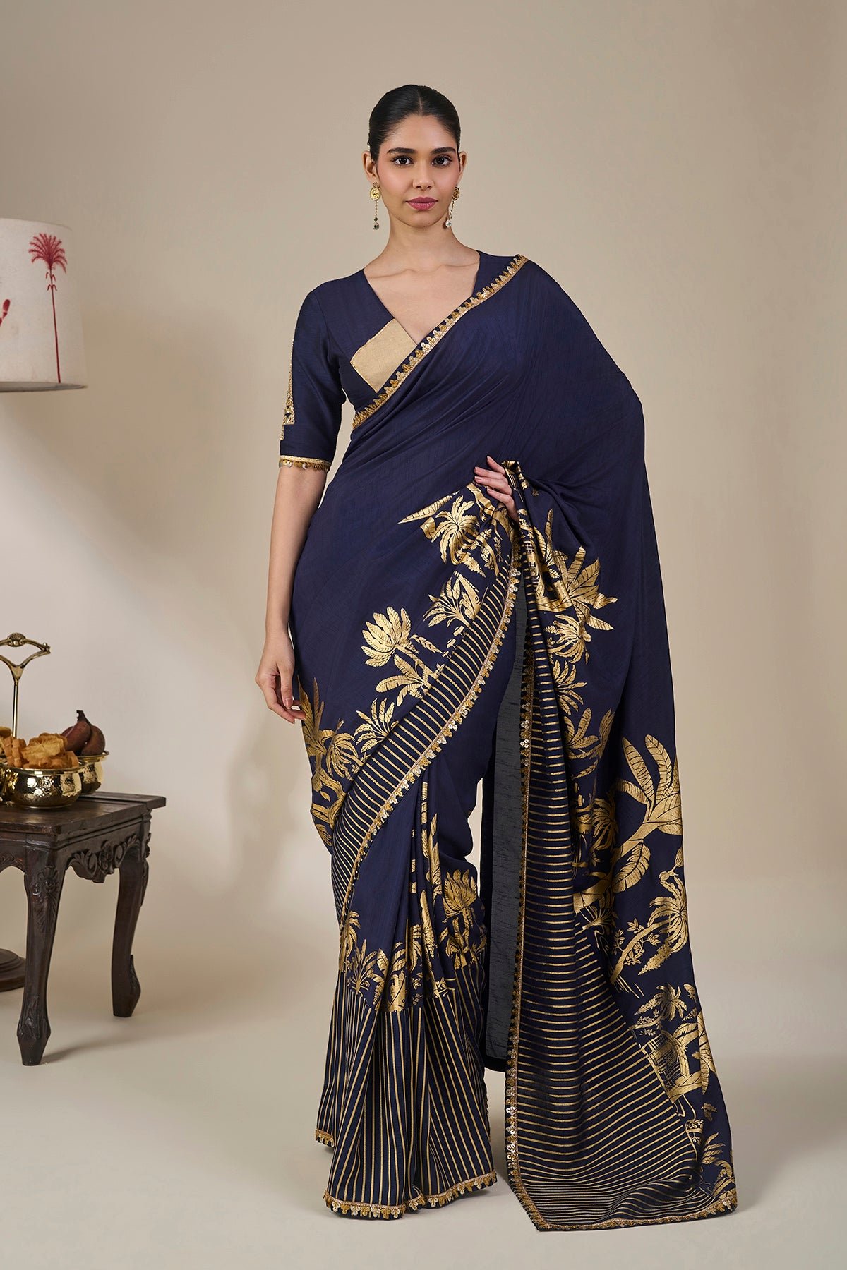 Blue Backwater Postcard Stripe Saree by Masaba, South Asian ethnic wear
