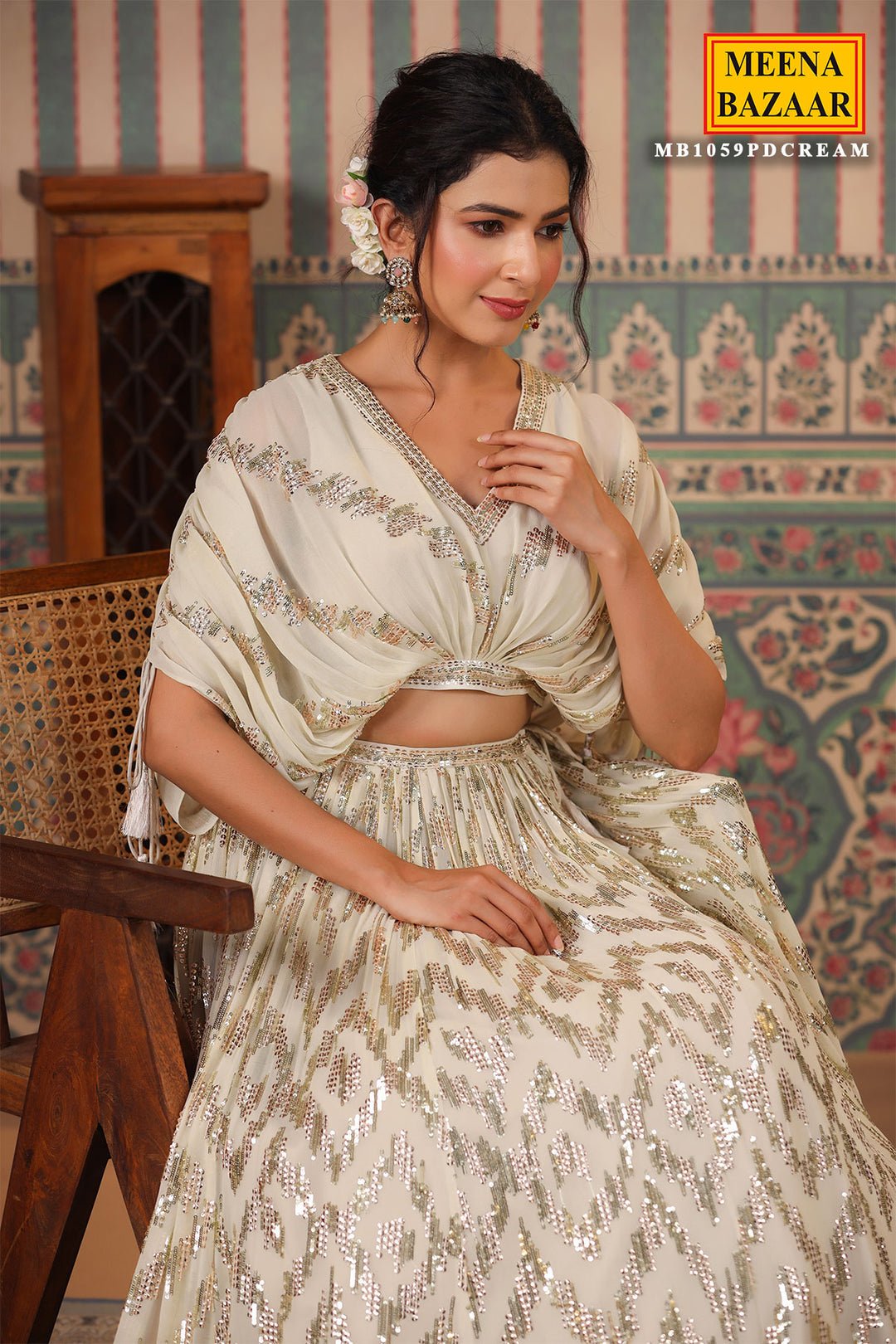 Cream Georgette Sequins Embroidered Lehenga Elegant Wedding & Party Wear by Meena Bazaar, South Asian ethnic wear