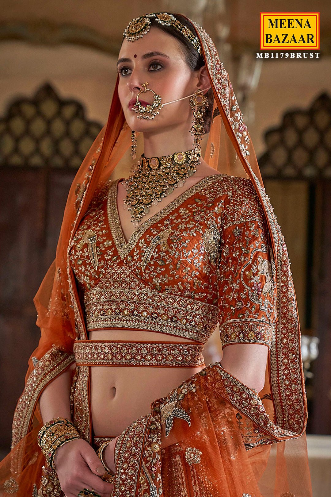 Rust Silk Zari And Sequin Embroidered Bridal Lehenga – Luxurious Wedding Wear by Meena Bazaar, South Asian ethnic wear