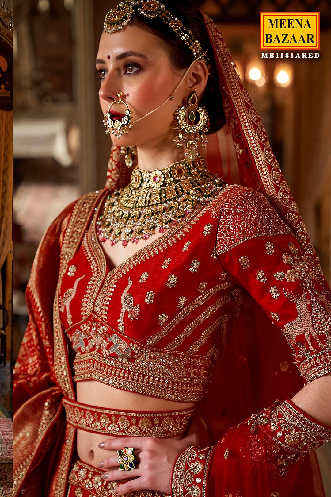 Red Silk Zari And Sequin Embroidered Bridal Lehenga – Royal Wedding Ensemble by Meena Bazaar, South Asian ethnic wear