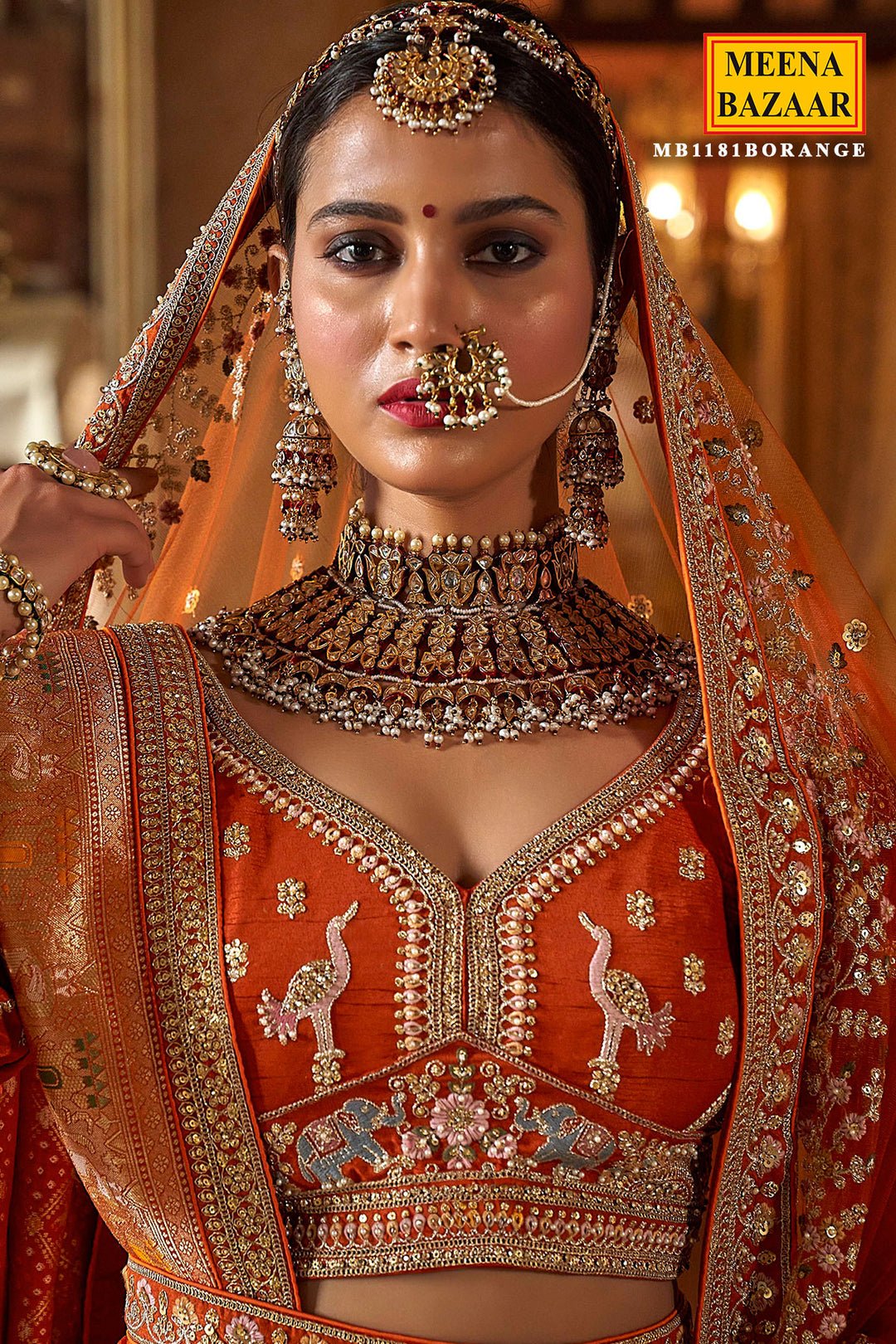 Orange Silk Zari And Sequin Embroidered Bridal Lehenga – Royal Wedding Ensemble by Meena Bazaar, South Asian ethnic wear