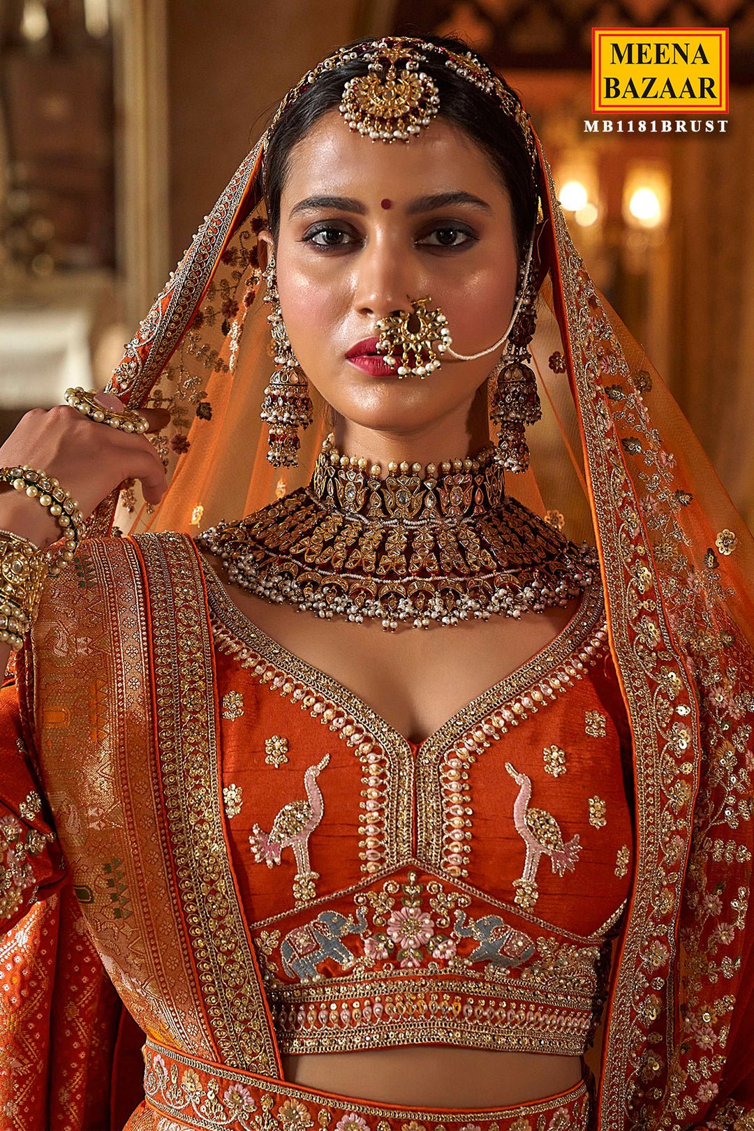Rust Silk Zari And Sequin Embroidered Bridal Lehenga – Royal Wedding Ensemble by Meena Bazaar, South Asian ethnic wear