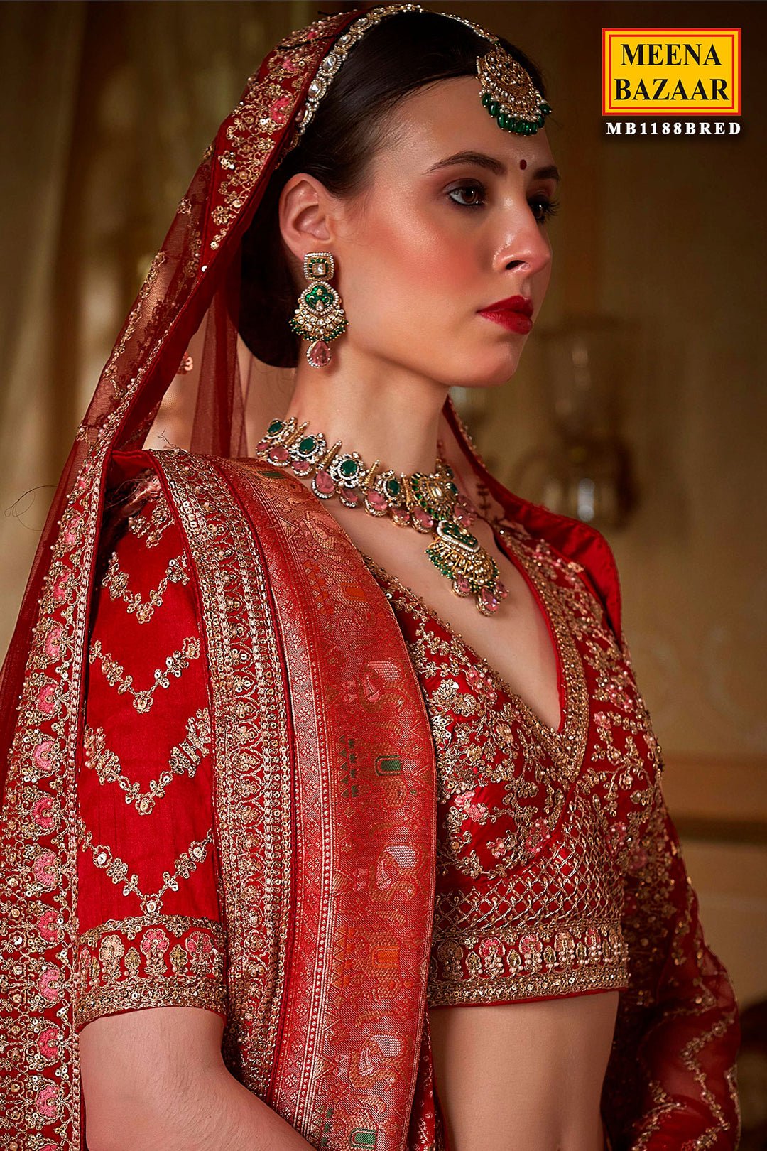 Red Silk Zari And Sequin Embroidered Lehenga – Luxurious Bridal Wear by Meena Bazaar, South Asian ethnic wear