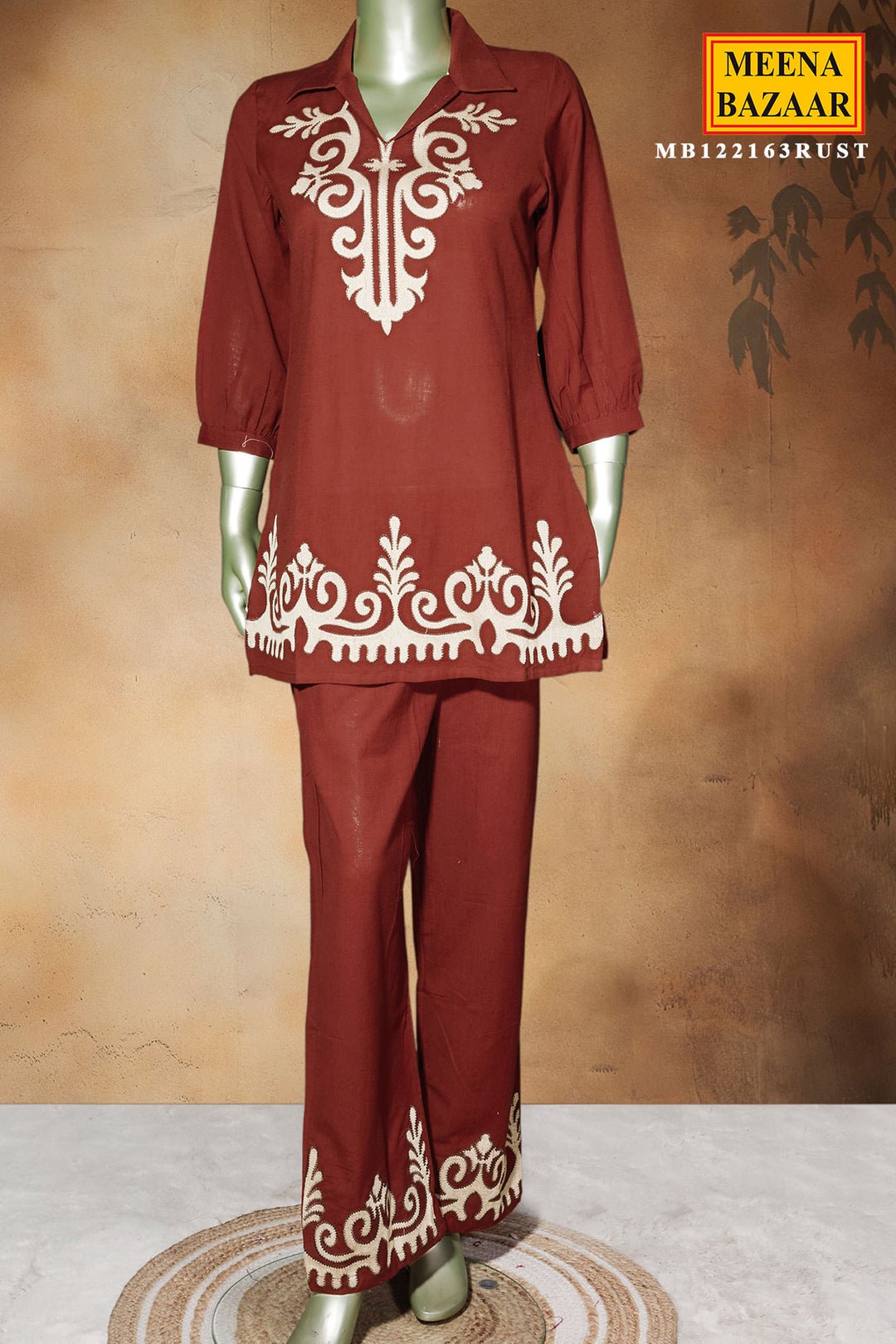 Rust Cotton Embroidered Kurti Set by Meena Bazaar, South Asian ethnic wear