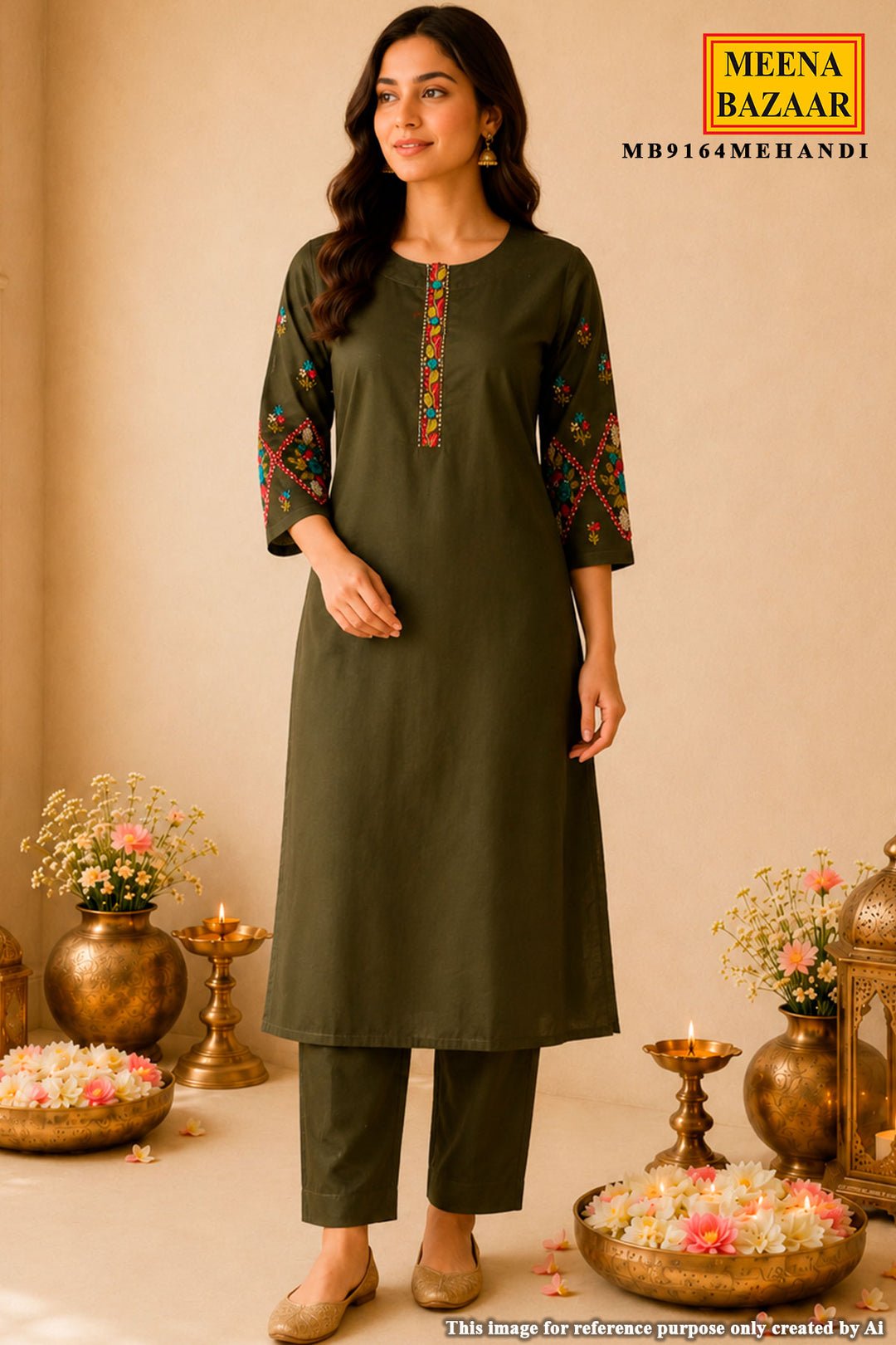 Mehandi Cotton Neck Embroidered Kurti For Women