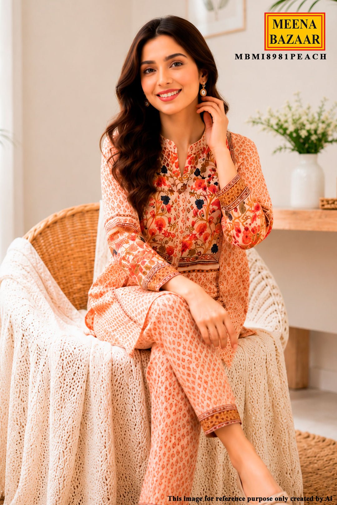Peach Floral Embroidered Kurta Set With Printed Pants by Meena Bazaar, South Asian ethnic wear