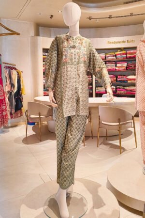 Pista Printed Kurta Set With Floral Yoke