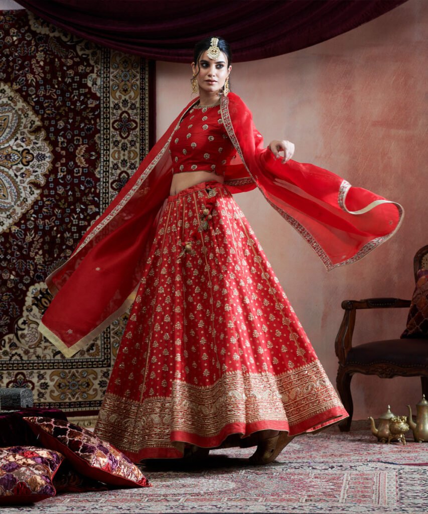 Red Handloom Pure Katan Silk Hand Embroidered Banarasi Lehenga With Blouse And Organza Dupatta by WeaverStory, South Asian ethnic wear