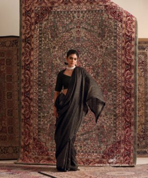 Solstice Black Striped Tissue Saree With Chanderi Finishing by WeaverStory, South Asian ethnic wear