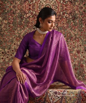 Solstice Purple Striped Tissue Saree With Chanderi Finishing by WeaverStory, South Asian ethnic wear