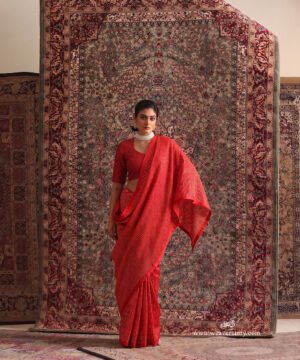 Solstice Red Striped Tissue Saree With Chanderi Finishing by WeaverStory, South Asian ethnic wear