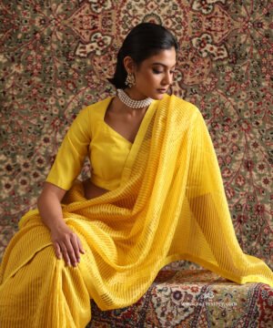 Solstice Yellow Striped Tissue Saree With Chanderi Finishing by WeaverStory, South Asian ethnic wear