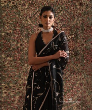 Nocturne Black Pure Organza Silk Hand Embroidered Saree by WeaverStory, South Asian ethnic wear