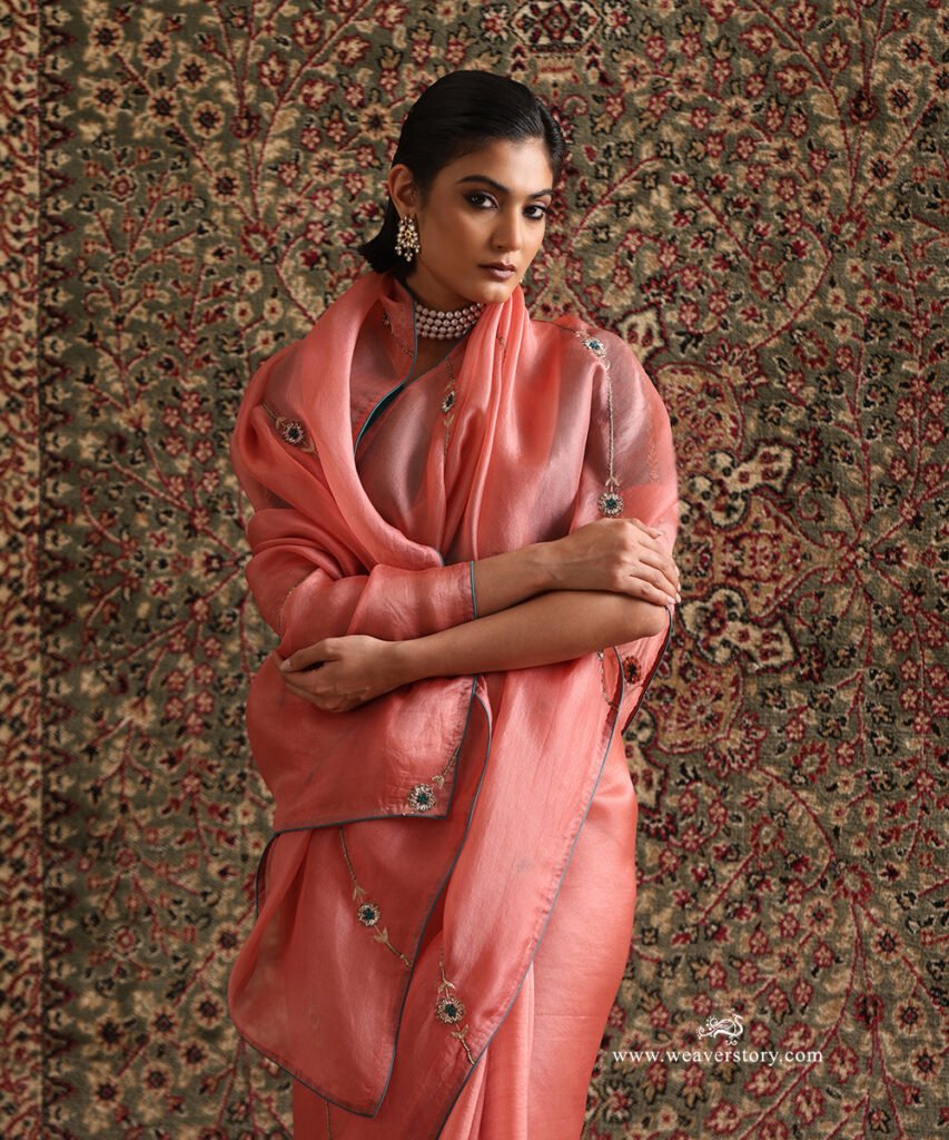 Blush Peach Pure Organza Silk Hand Embroidered Saree by WeaverStory, South Asian ethnic wear