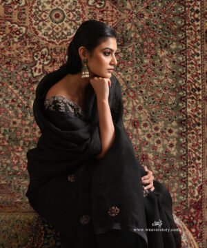 Midnight Black Pure Organza Silk Saree With Zardozi Booti by WeaverStory, South Asian ethnic wear