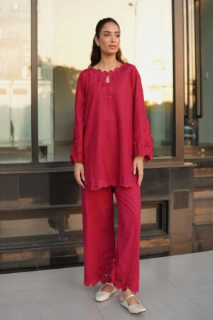 Ss26dc-2588 – Maroon – Cotton Jacquard – 2pcs – Embroidered Kurta With Trouser by dhanak, South Asian ethnic wear