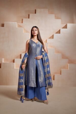 Royal Blue Brocade Palazzo Set by Mokshaa, South Asian ethnic wear