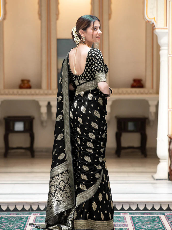 Women’S Black Lichi Silk Saree by trendia, South Asian ethnic wear