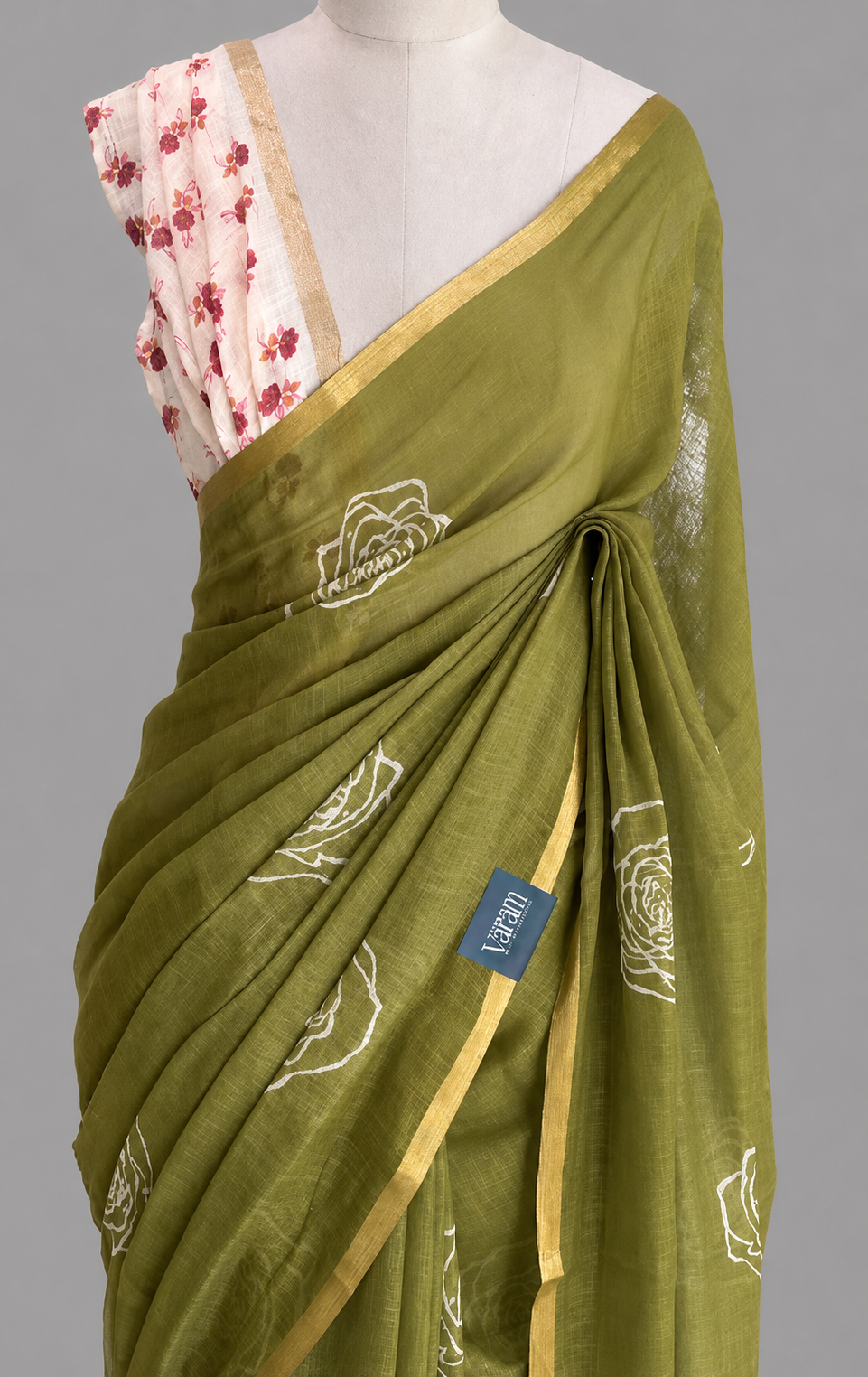 Linen Cotton Saree With White Rose Motifs & Slim Gold Border by Varam Fashion House, South Asian ethnic wear