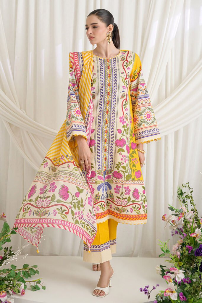 3 Piece Printed Dobby Suit With Printed Lawn Dupatta And Dyed Trouser by Gul Ahmed, South Asian ethnic wear