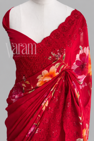 Pure Chinnon Saree With Large Floral Print & Scalloped Thread Embroidery Border by Varam Fashion House, South Asian ethnic wear
