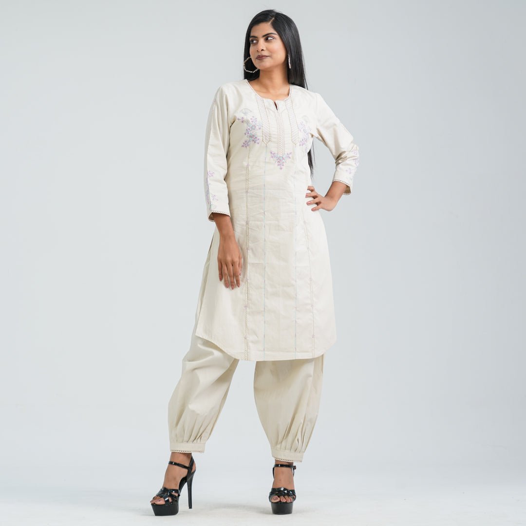 Women’s Cream Cotton Embroidered Two Piece Set by TwelveBd, South Asian ethnic wear
