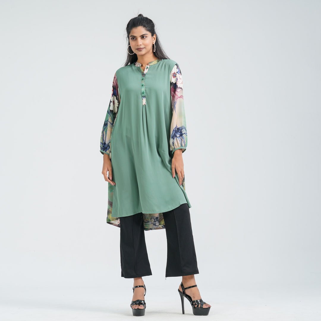 Women’S Green Floral Blended Kurti by TwelveBd, South Asian ethnic wear