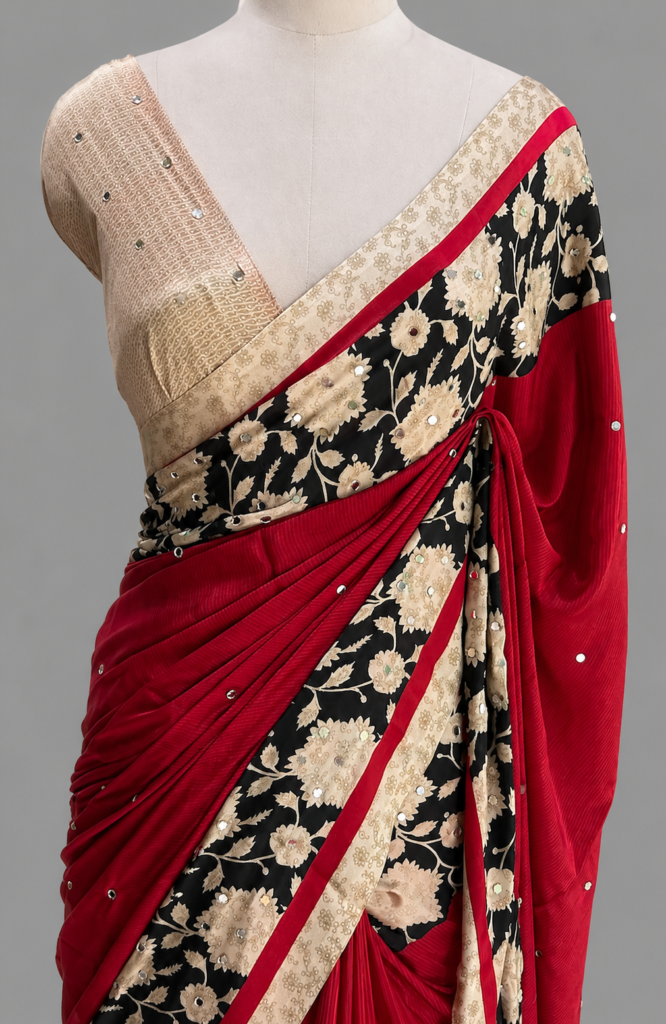 Binny Crepe Saree | Bold Floral Print Border & Real Mirror Work by Varam Fashion House, South Asian ethnic wear